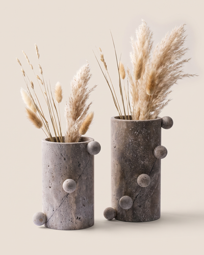 Travertine Vase with Spheres Set of 2