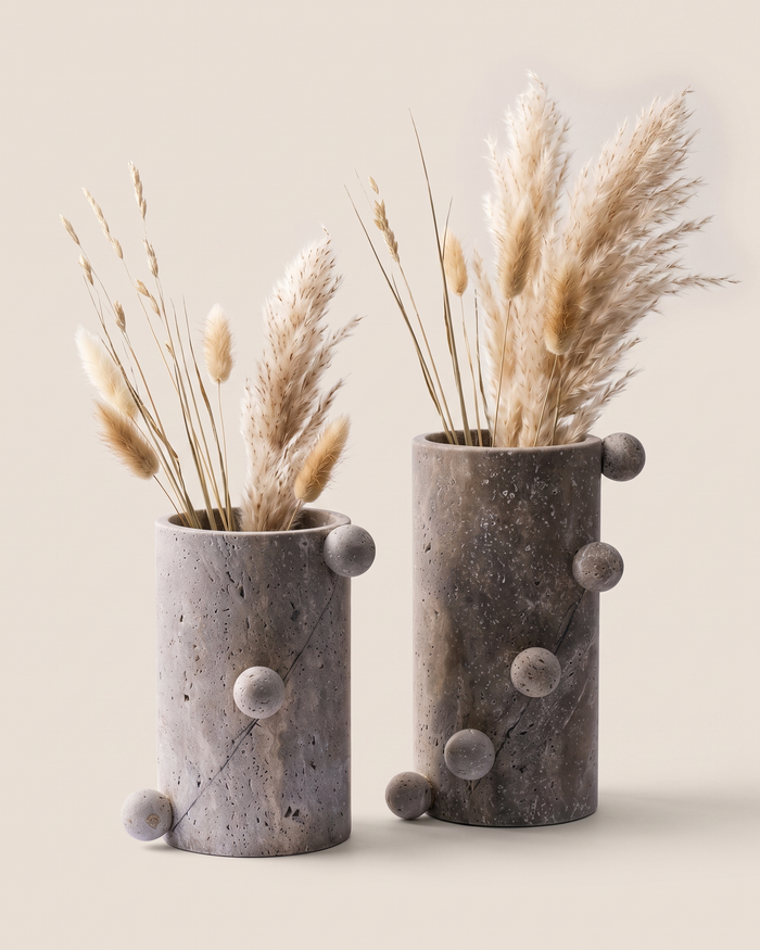 Travertine Vase with Spheres Set of 2