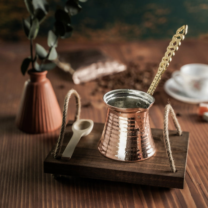 Handmade Copper Turkish Coffee Pot – Hammered Copper Cezve with Ornate Brass Handle