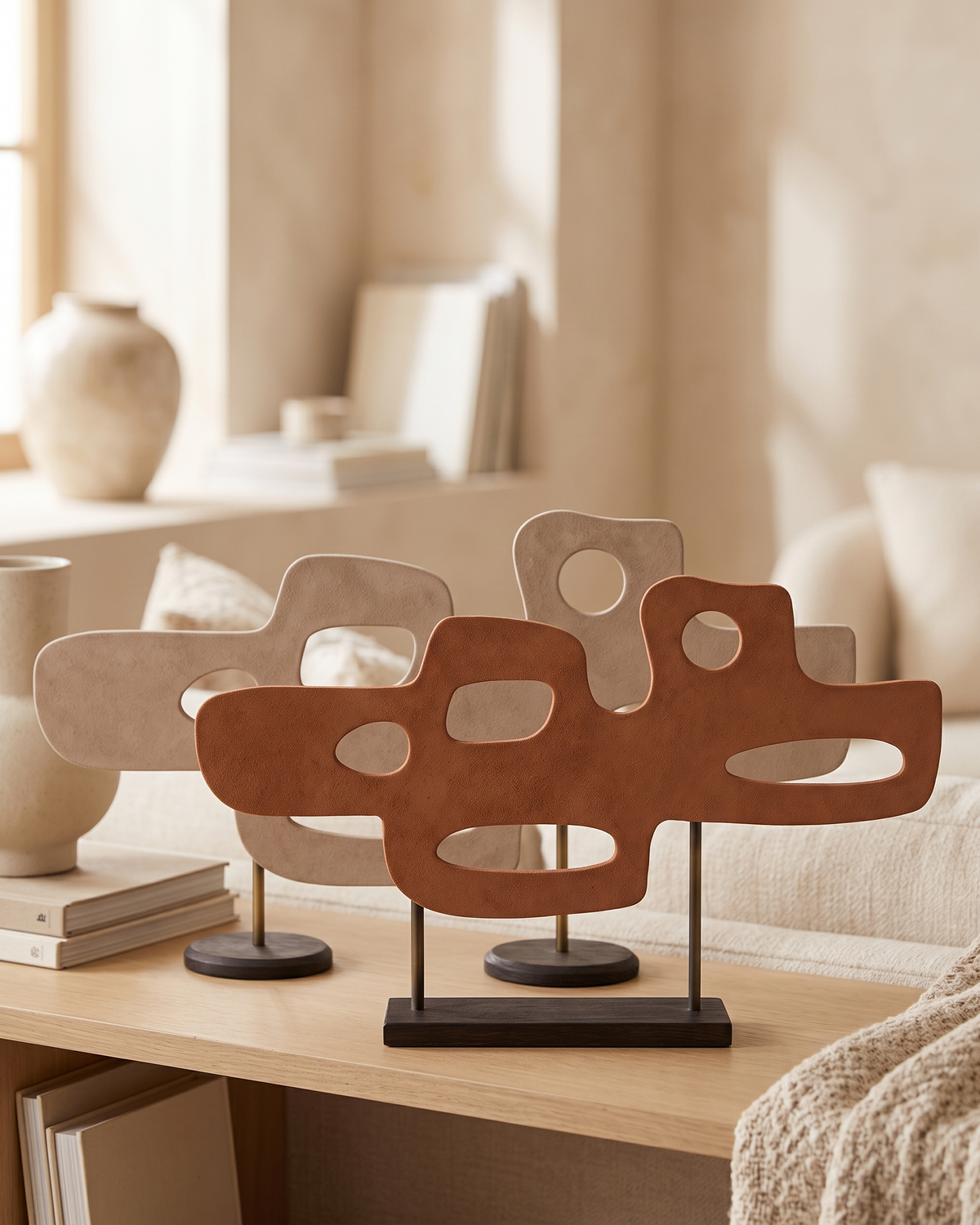 Two-Footed Leather Decorative Object - styled on a warm beige console in a cosy interior