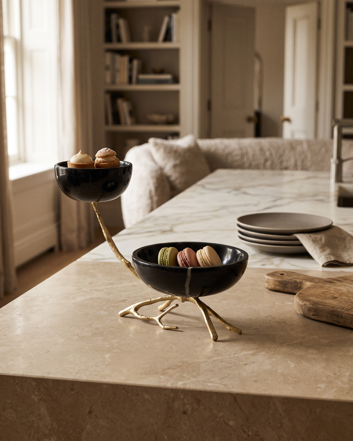 Two-Tier Marble Serving Bowls with Branch Base (One Piece) styled in a warm interior
