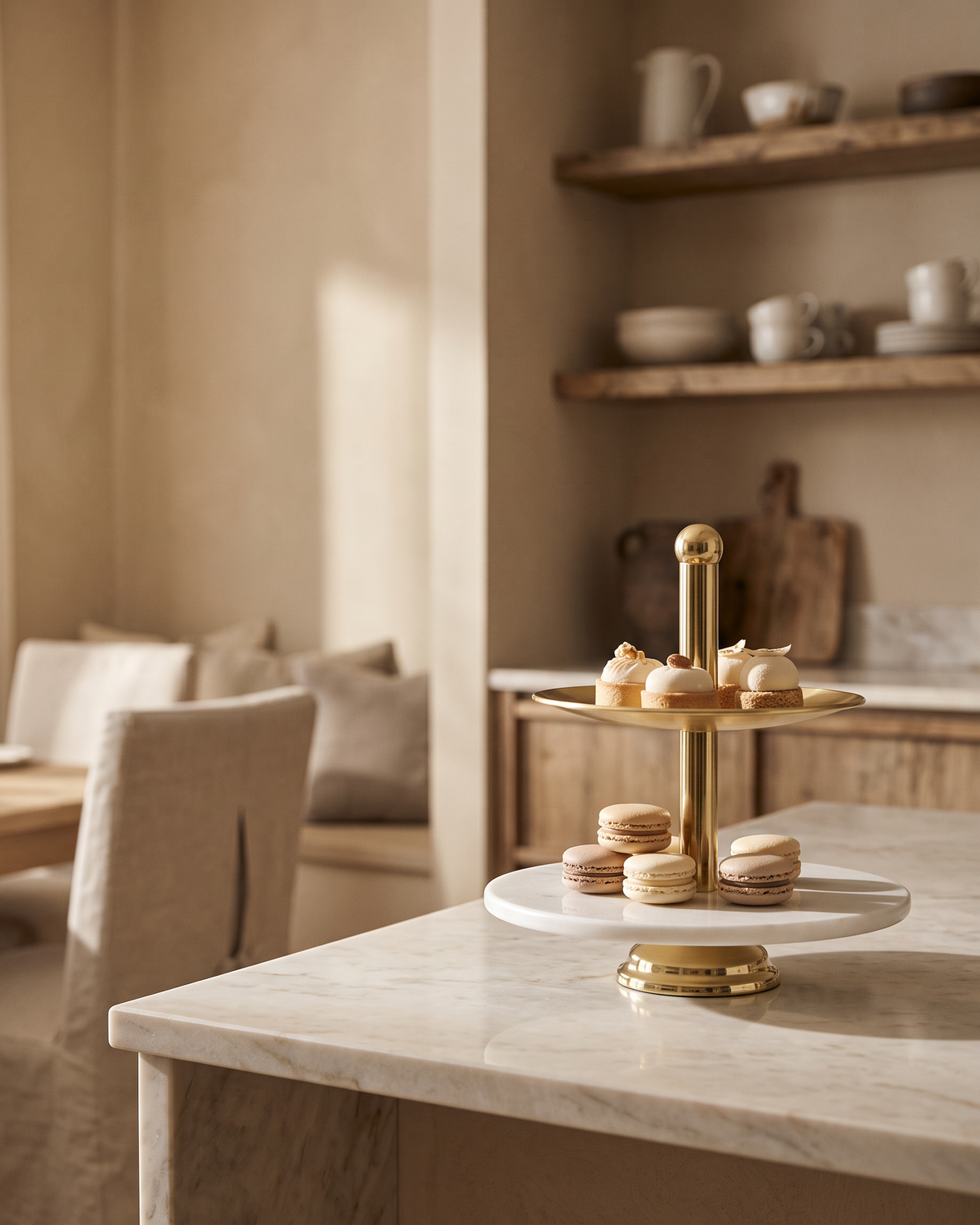 Two-Tier White Marble Serving Stand, Gold (One Piece) styled in a warm interior