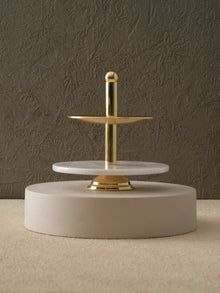 Two - Tier White Marble Serving Stand With Gold Finish - Alfiq's Store