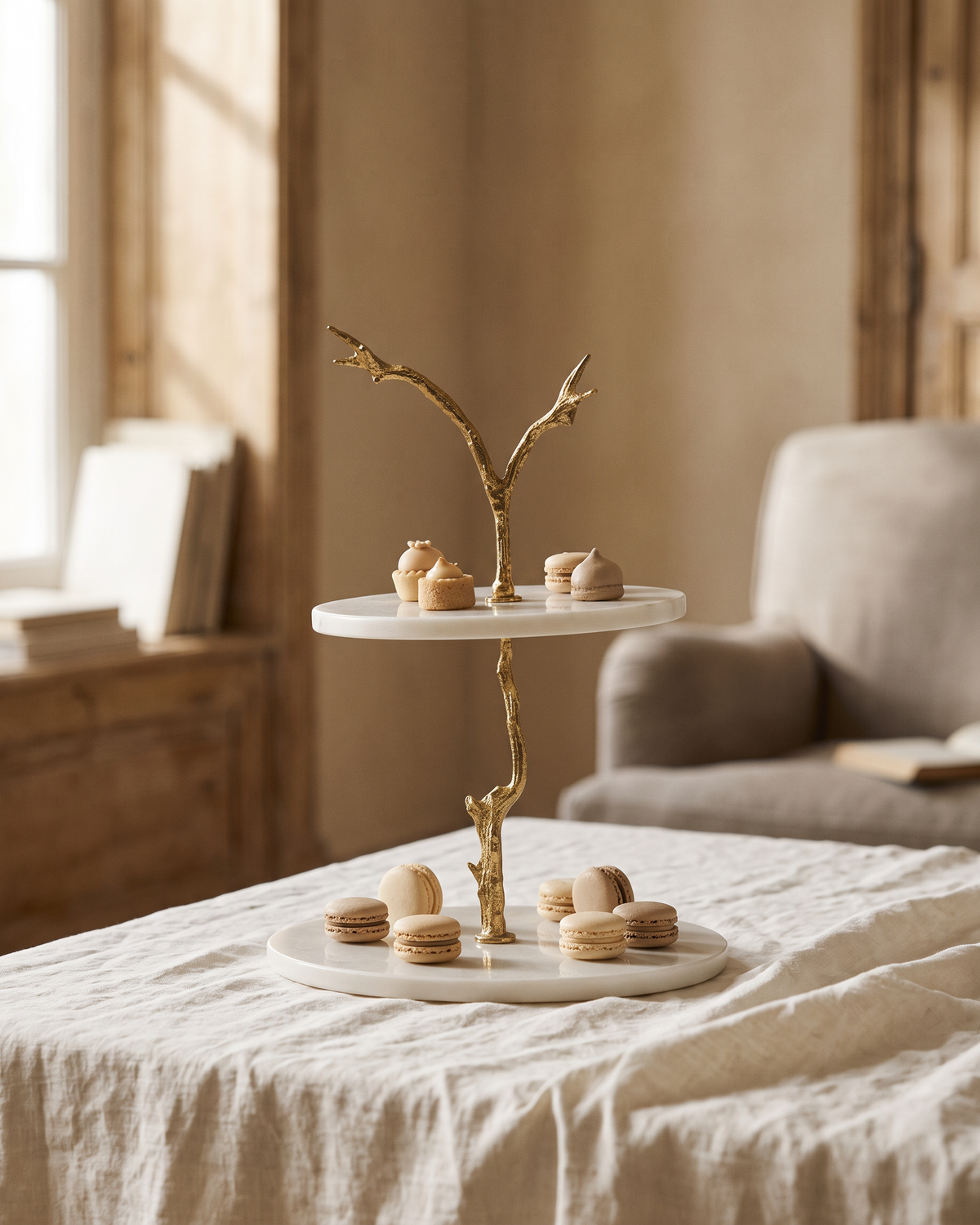 Two-Tier Marble Stand with Gold Branch (One Piece) styled in a warm interior