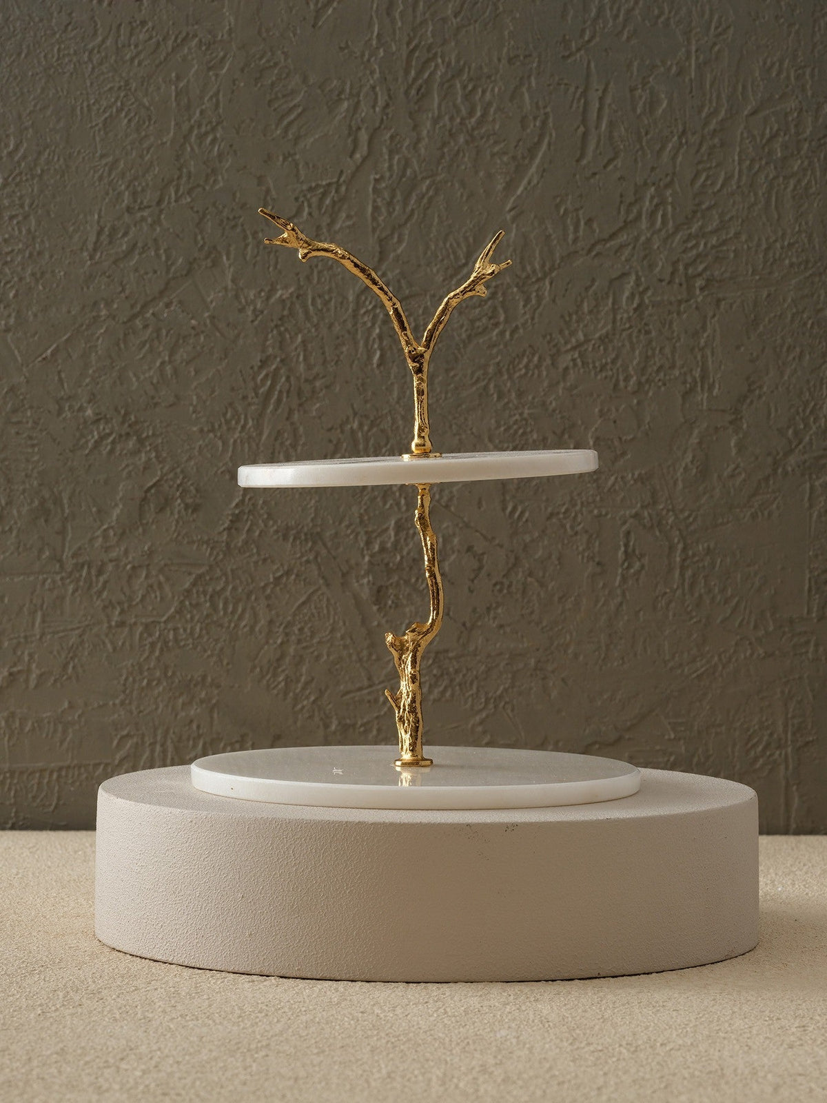 Two - Tier White Marble Stand With Gold Branch Detail - Alfiq's Store
