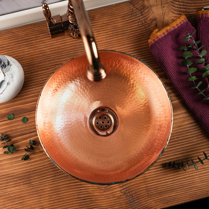 Handcrafted Verdigris Copper Sink – Hammered Green Patina Basin with Copper Drain Cap