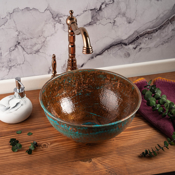 Handcrafted Hammered Copper Sink – Antique Brown & Verdigris Patina Basin with Drain Cap