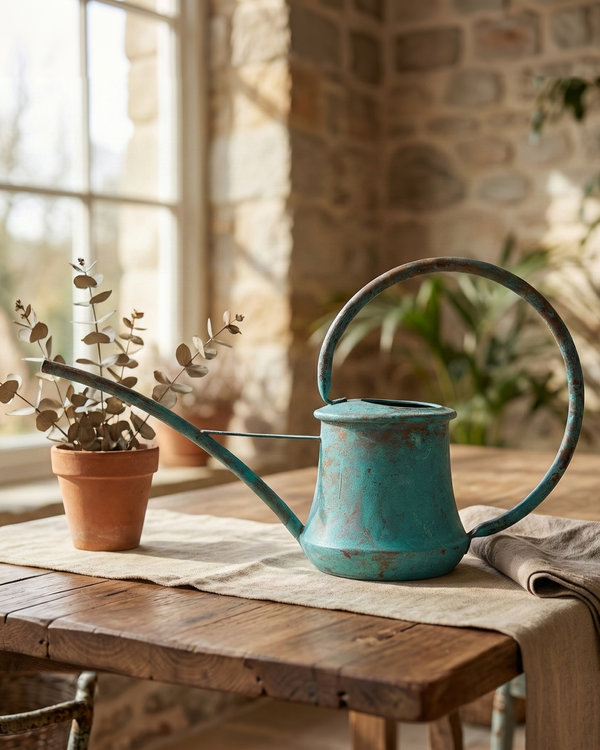 Verdigris Patina Solid Copper Watering Can With Long Spout