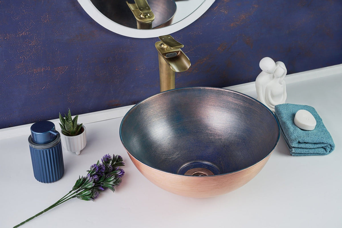 Handmade Blue Copper Bathroom Vessel Sink – Solid Copper with Drain Cap Included - Alfiq's Store