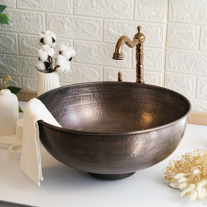 Handmade Dark Copper Vessel Sink - Hammered Solid Copper Bathroom & Kitchen Sink - Drain Cap Included