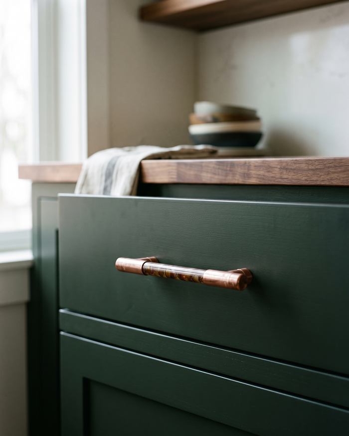 T-Shaped Cabinet Handle – 100% Solid Copper, Walnut Flame Patina