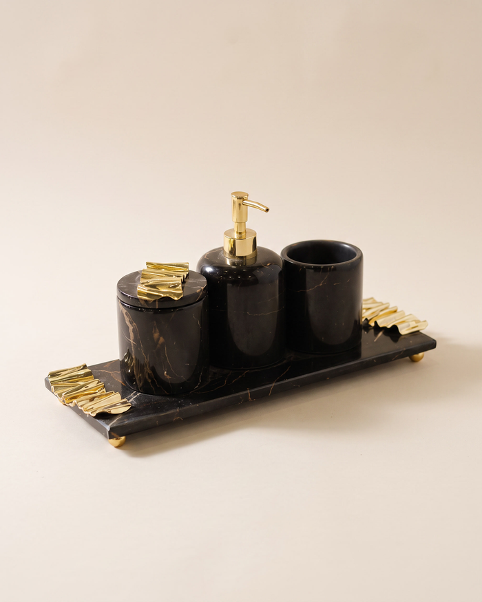 Wave-Accent Bath Set — Tray, Toothbrush Holder, Box & Dispenser
