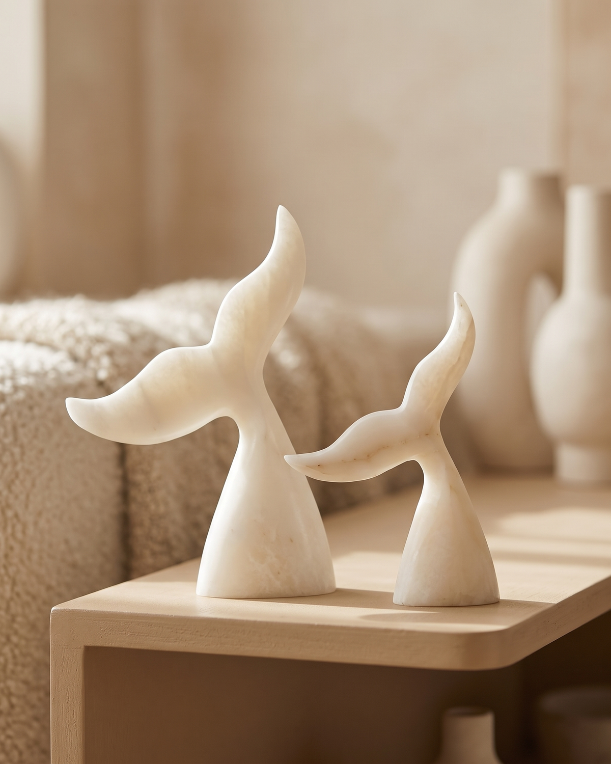 Whale Tail Decorative Object II - styled on a warm beige console in a cosy interior