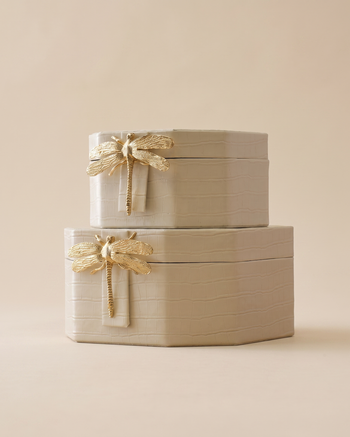 White Croc-Embossed Dragonfly Box Set (Set of 2)