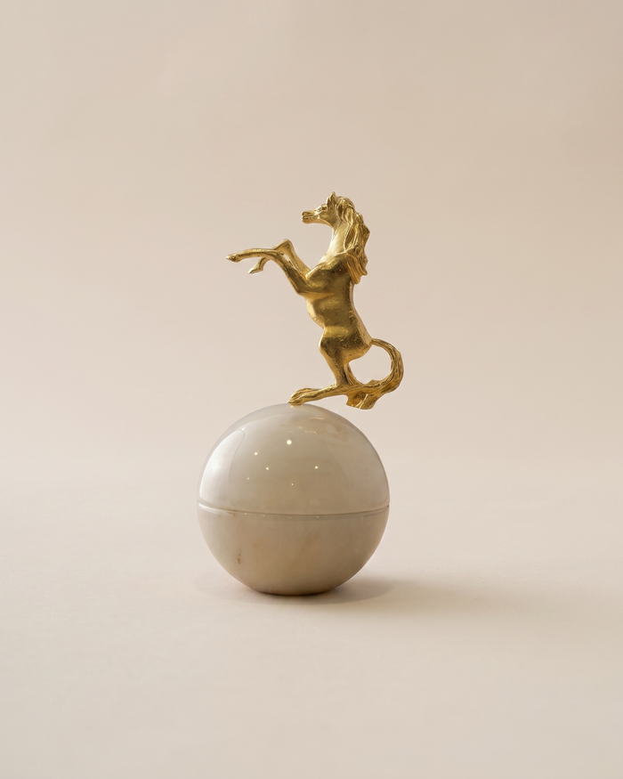 White Marble Trinket Box With Gold Rearing Horse Lid