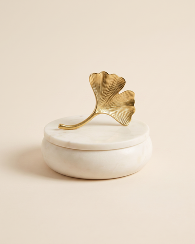 White Marble Box With Brass Ginkgo Leaf Lid