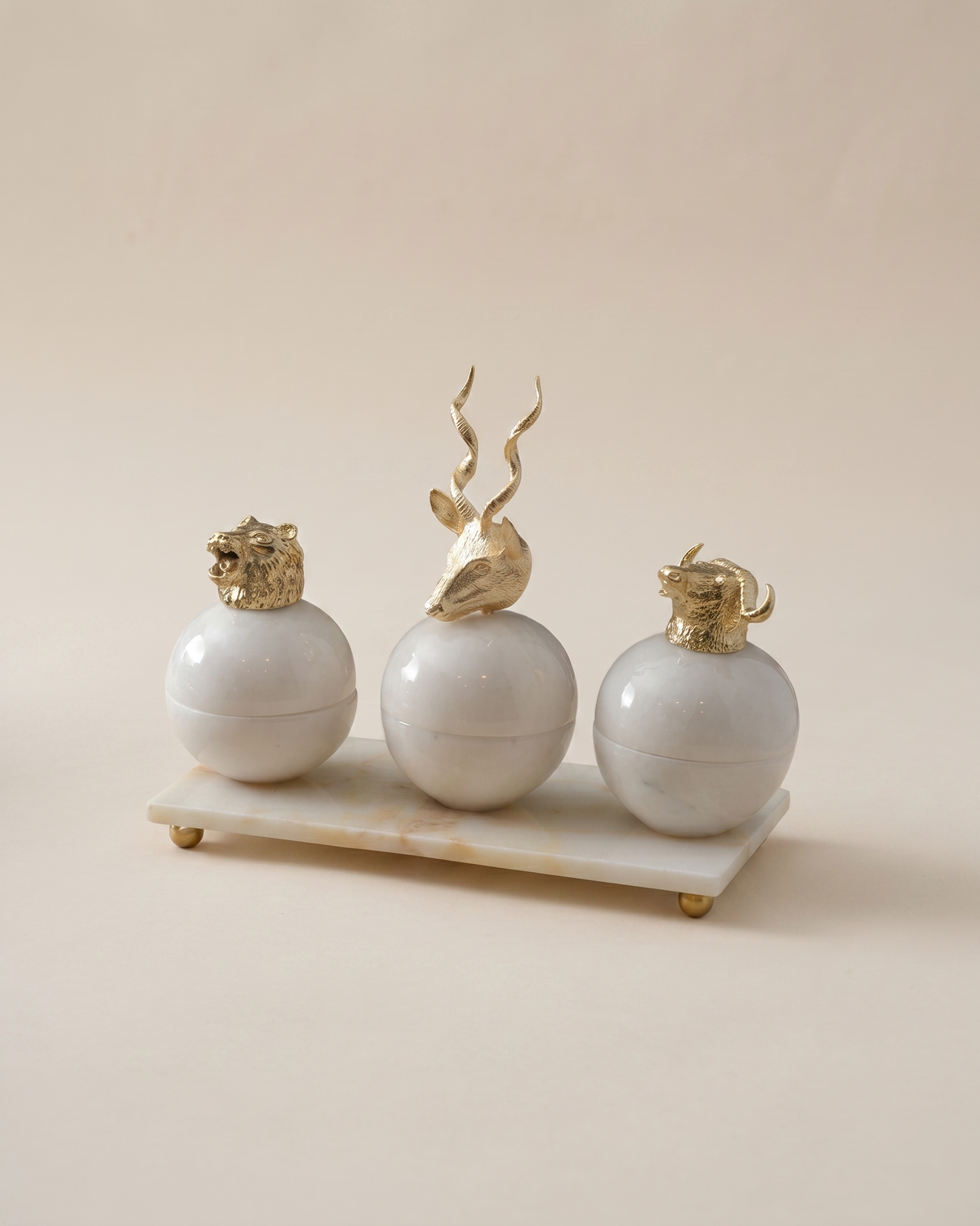 Sculptural Marble Box Set with Brass Animal Lids & Display Tray - studio view on ivory background