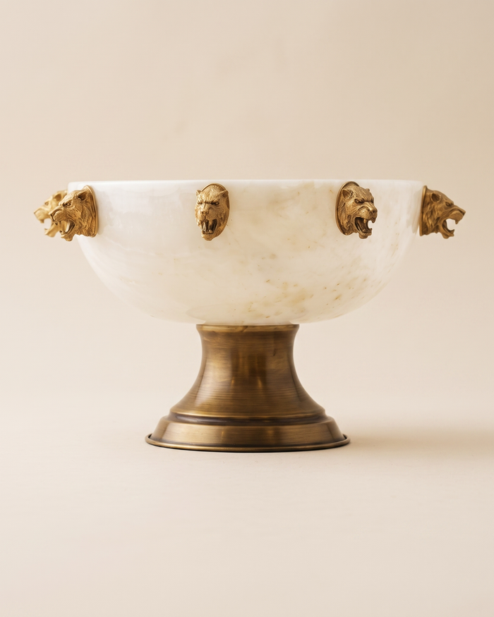 White Marble Pedestal Bowl with Multiple Tiger Heads