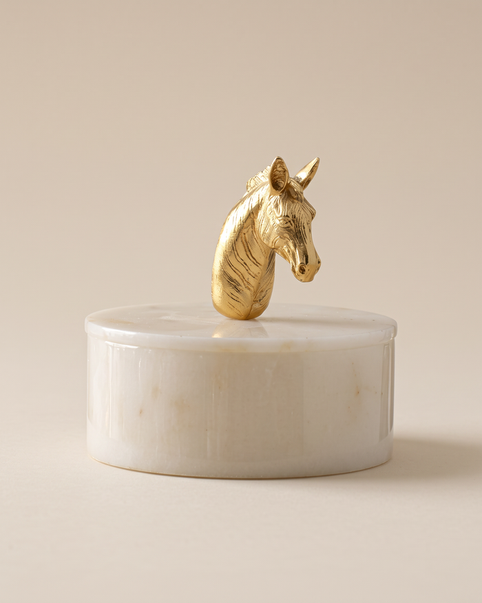 White Marble Box with Gold Horse Head Lid (One Piece)