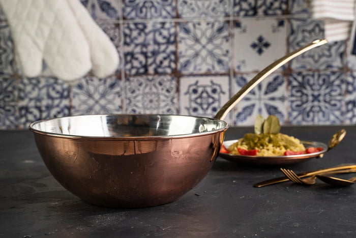Handmade Copper Wok Pan with Brass Handle – 420mm Stir-Fry Skillet