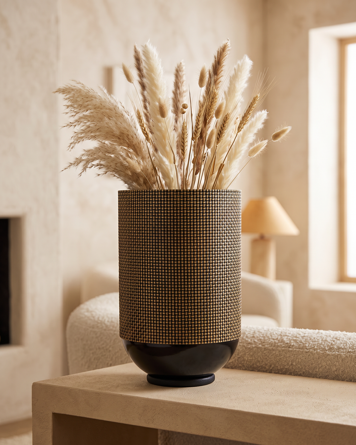 Woven Planter Large - styled with dried pampas stems on a warm beige console in a cosy interior